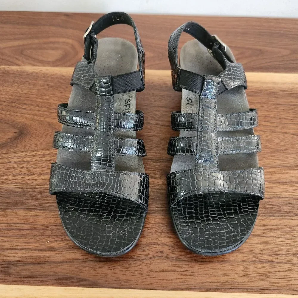 SAS Allegro Black Leather Heeled Sandal Croc Animal Alligator Print Strappy 7.5
